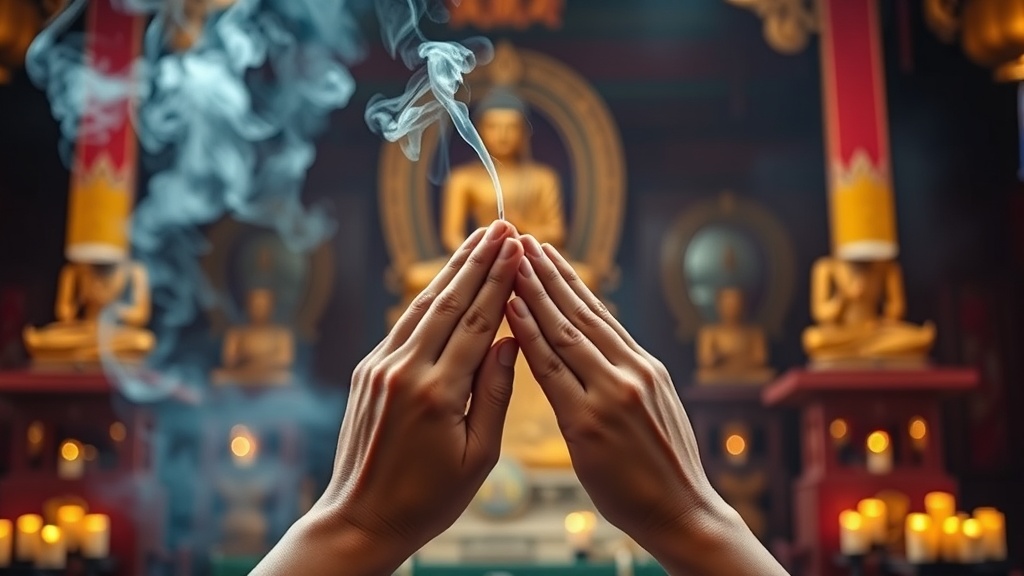 Mains jointes en geste de prière devant la fumée d'encens dans un temple bouddhiste coréen