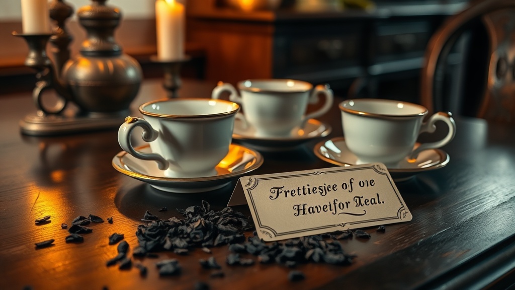 Mise en scène Victorian avec tasses à thé anciennes et feuilles de thé noir sur table en bois sombre