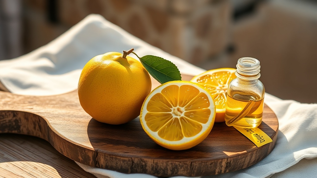 Bergamote entière et coupée en deux sur une planche en bois, avec une fiole d'huile essentielle