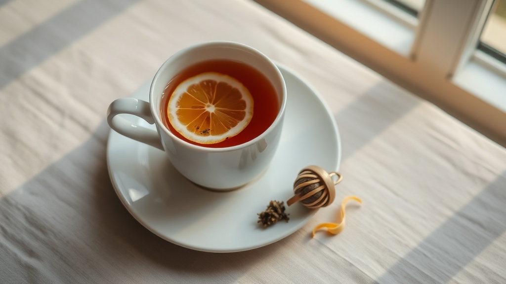 Tasse de thé Earl Grey ambrée vue du dessus avec un zeste de bergamote et une tranche de citron
