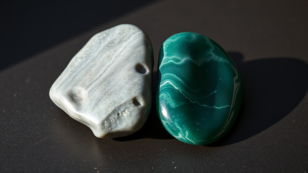 Two polished jade stones showing blue-grey nephrite and blue-green jadeite side by side on dark slate