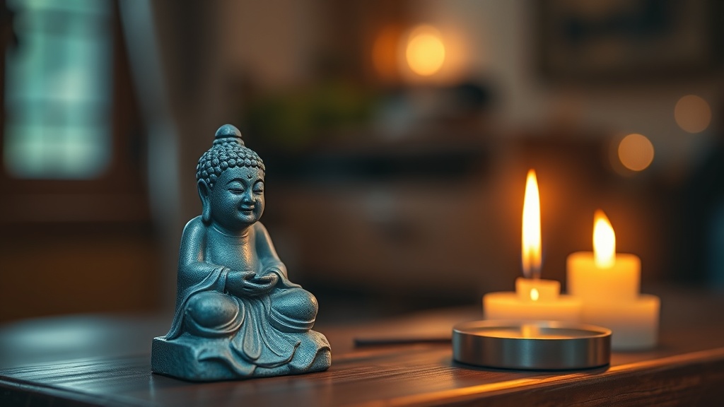 Small carved blue stone Buddha figure on a wooden altar with burning incense and warm candlelight