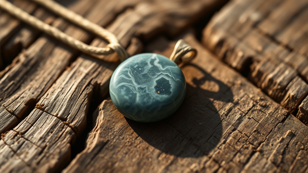 Polished blue-grey nephrite pendant on natural hemp cord resting on aged wood grain surface