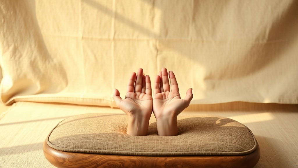 Mains ouvertes en posture de méditation symbolisant la retenue et l'intention dans la pratique bouddhiste