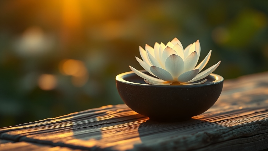 Fleur de lotus blanche dans un bol en pierre, symbole de pureté et d'intention dans le bouddhisme