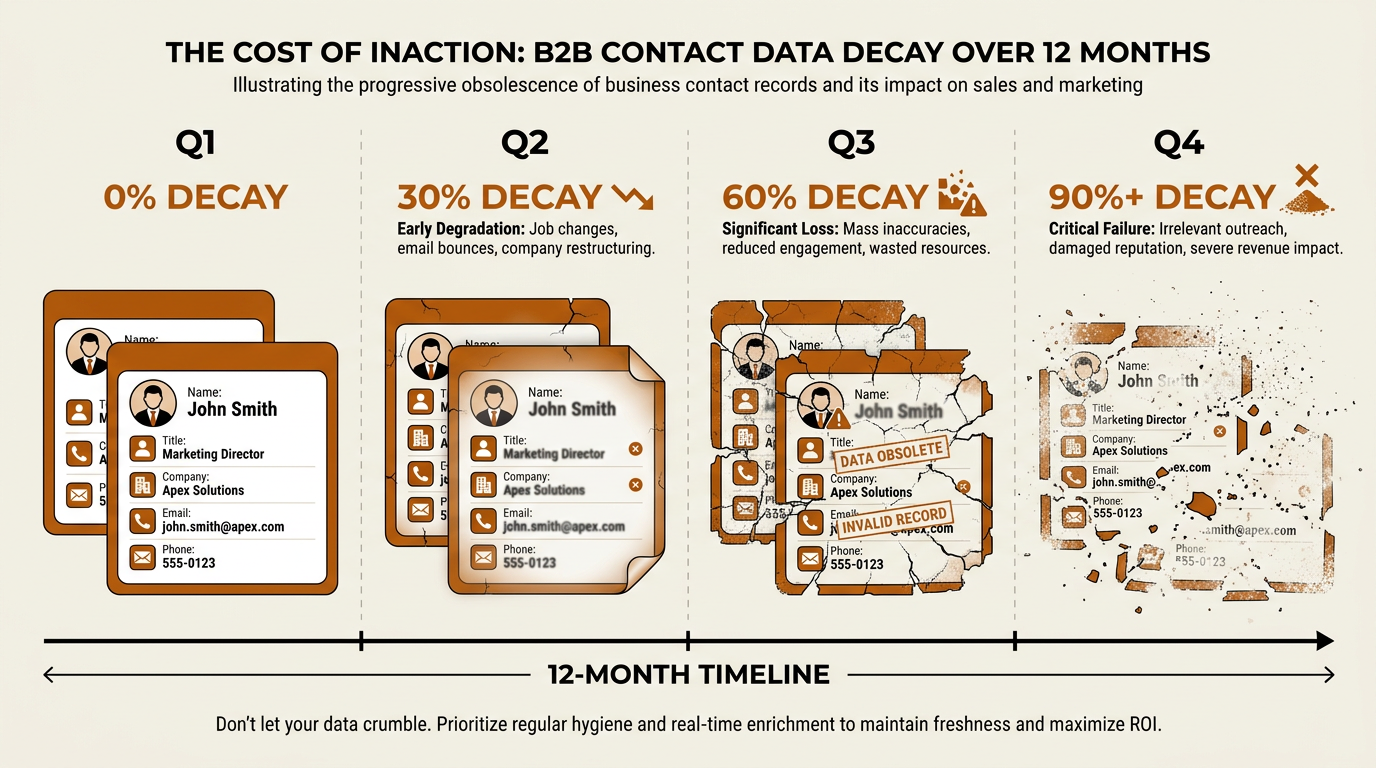 B2B contact data decay rate infographic across 12-month timeline