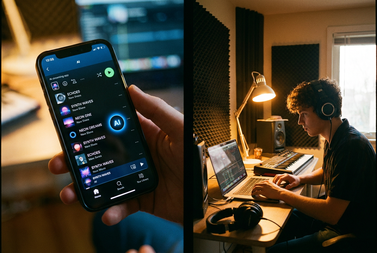 alt text: A split screen showing a music streaming interface on one side with an AI badge label, and an independent musician with headphones working at a laptop in a home studio on the other side. Warm lighting in the studio contrasts with the cool blue glow of the streaming interface.