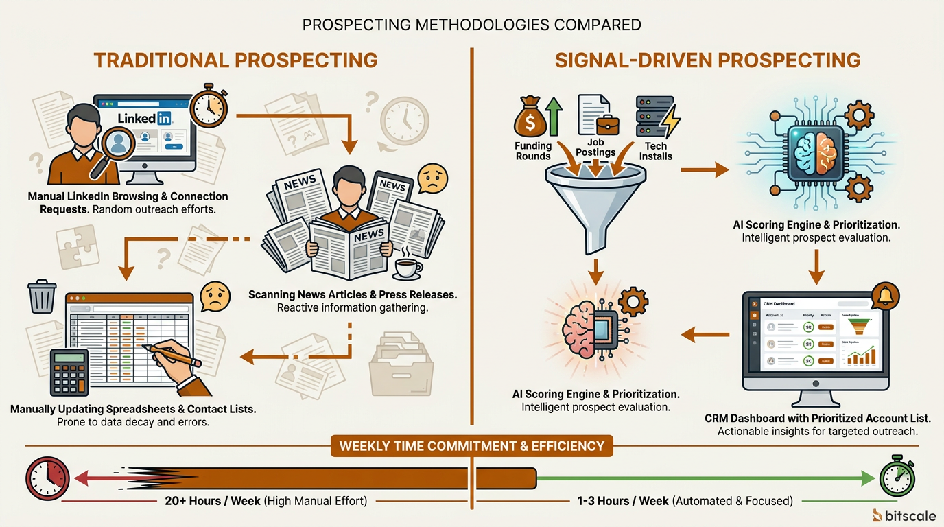 Infographic comparing traditional versus signal-driven B2B prospecting workflows