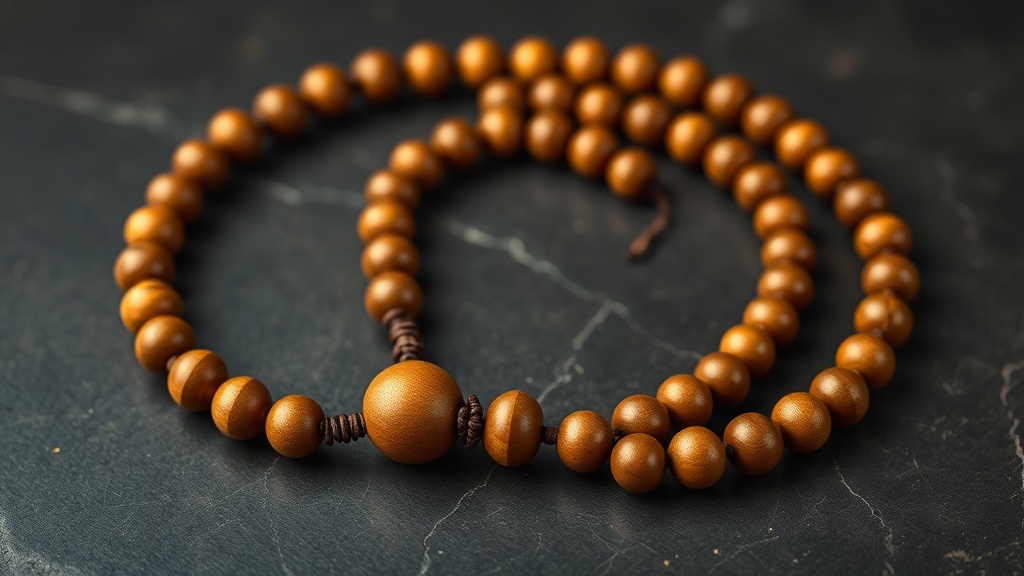 Chapelet mala en bois de santal posé sur une pierre, outil de récitation des mantras bouddhistes