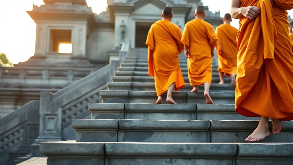 Moines bouddhistes Theravada en robes safran dans un temple d'Asie du Sud-Est