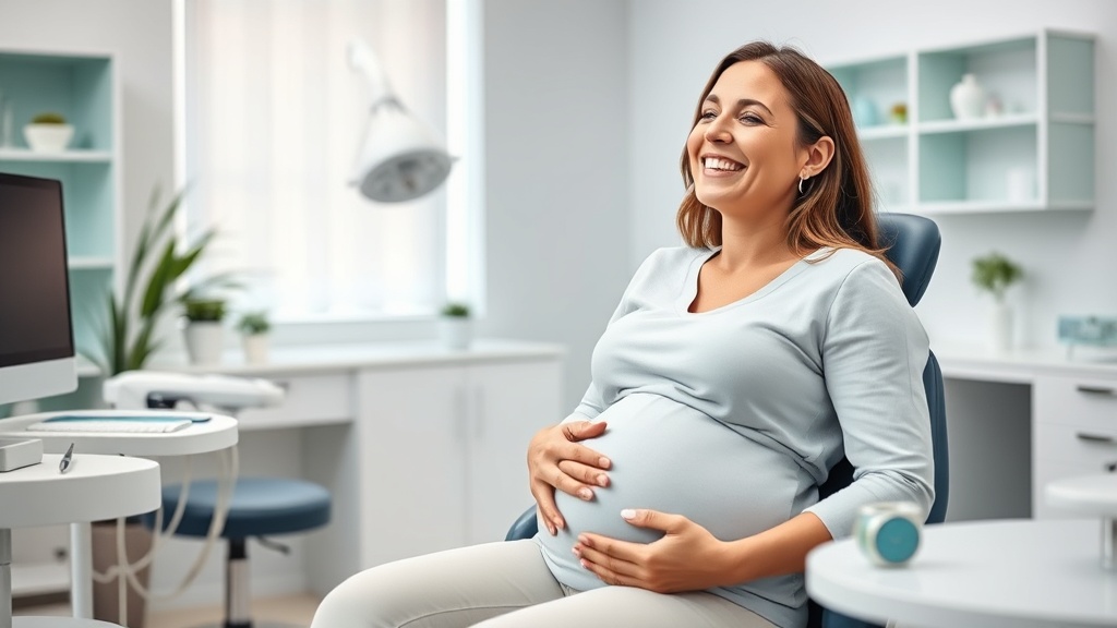 Futura mamá sonriendo en consulta dental durante el embarazo