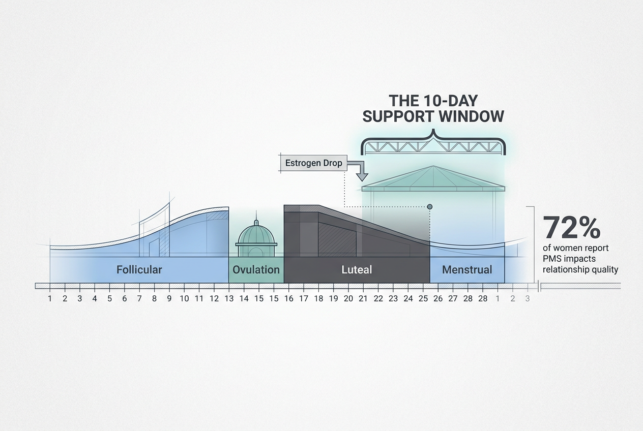 A menstrual cycle timeline highlighting the 10-day support window spanning the late luteal and menstrual phases to guide partner support timing.