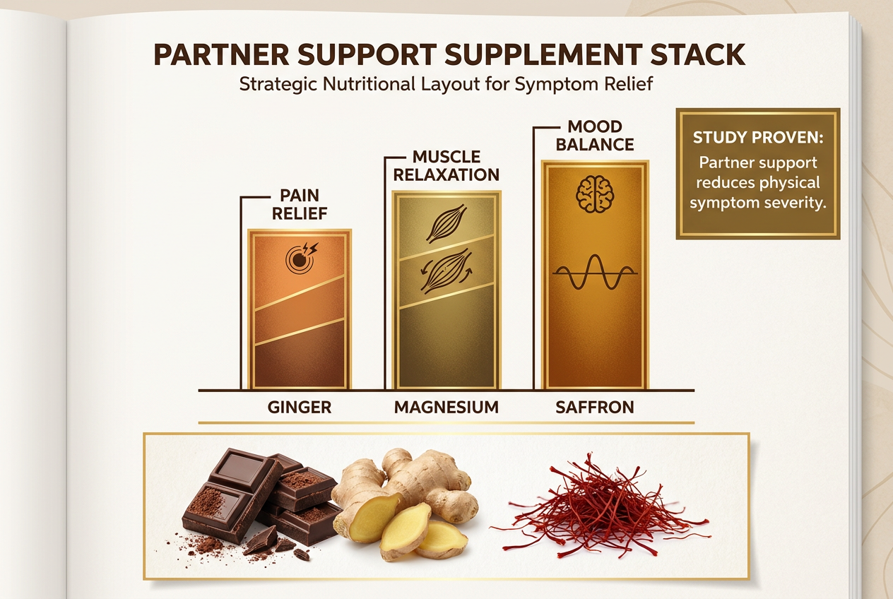 Infographic showing the benefits of Saffron, Ginger, and Magnesium for period pain relief and mood stabilization during the menstrual cycle.