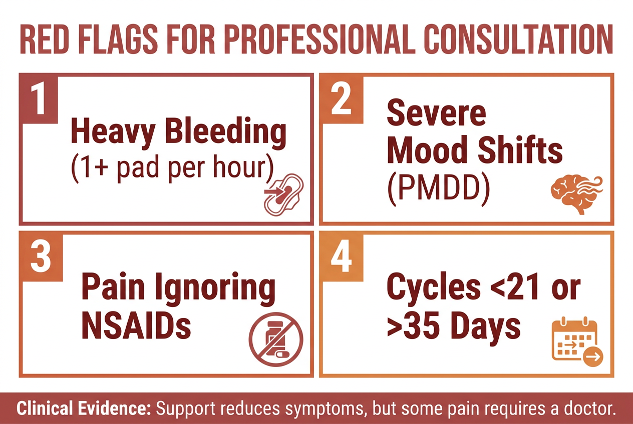 Medical red flags infographic for menstruation including heavy bleeding, severe mood shifts, and extreme pain that requires professional help.