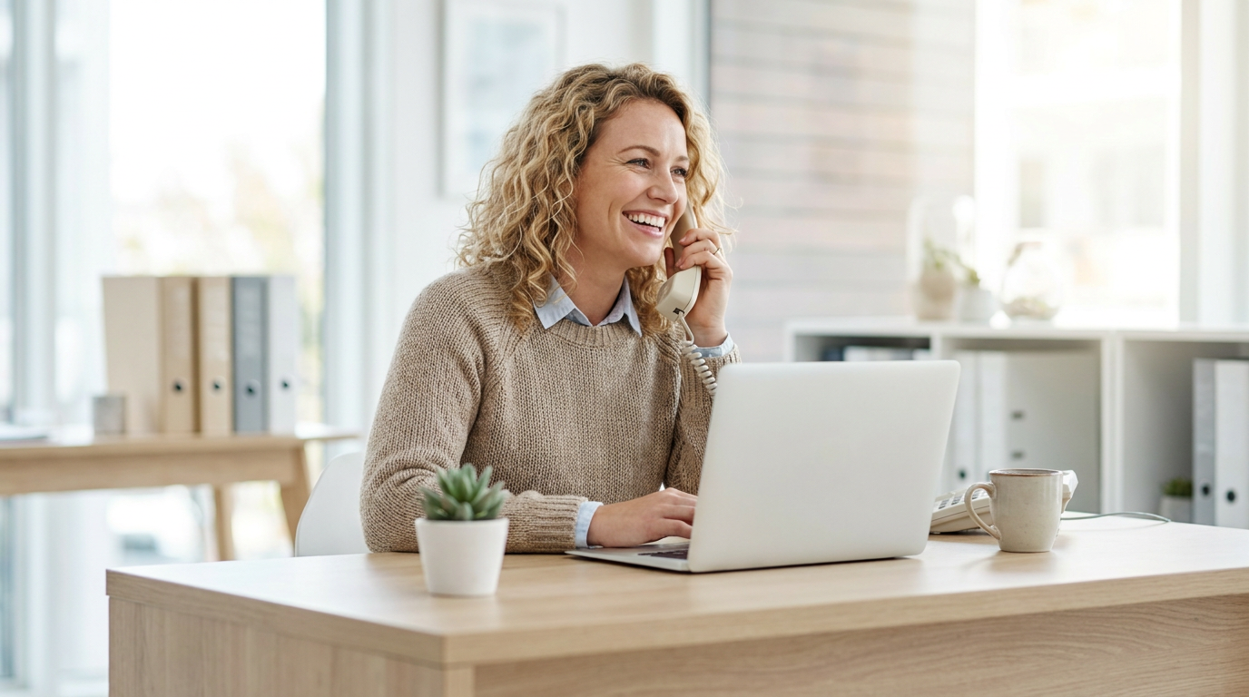 Ondernemer aan een opgeruimd bureau neemt glimlachend zakelijk de telefoon op en maakt een goede indruk