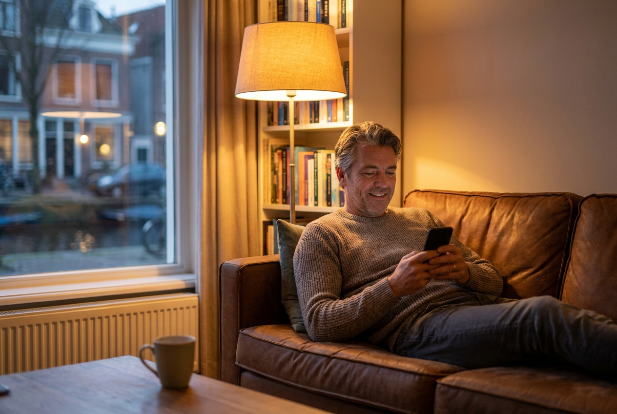 Ontspannen ondernemer 's avonds thuis op de bank, gerust dat alle telefoontjes automatisch worden opgenomen