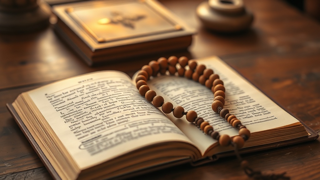 Mala tibétain en bois posé sur un manuscrit ancien, outil de récitation des mantras bouddhistes