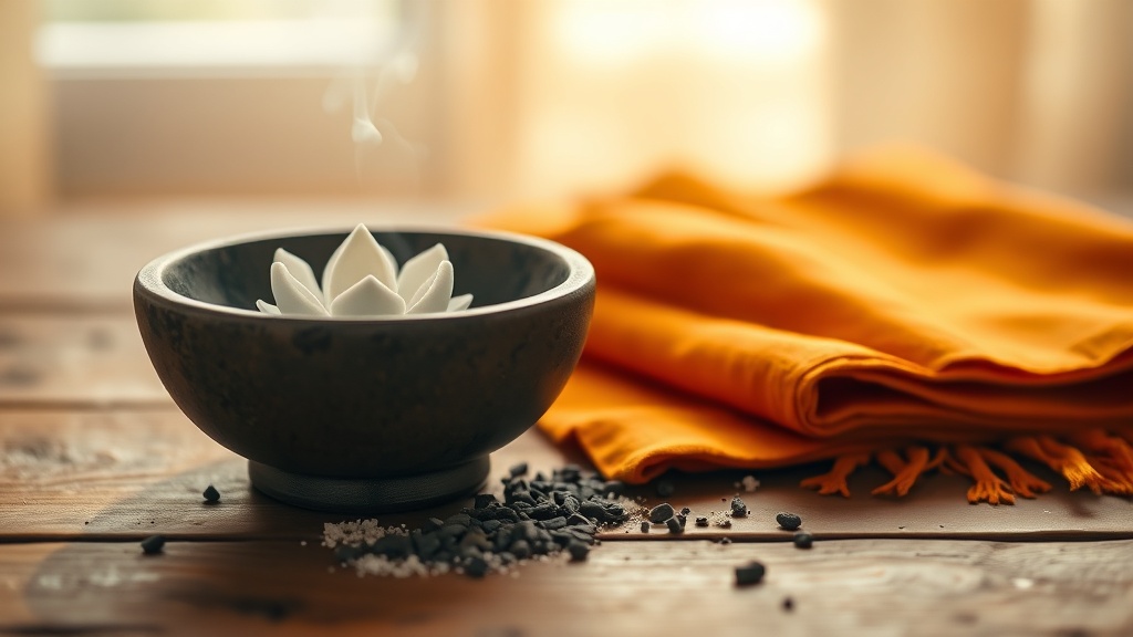 Encens, lotus sculpté et tissu safran, symboles partagés du bouddhisme et de l'hindouisme