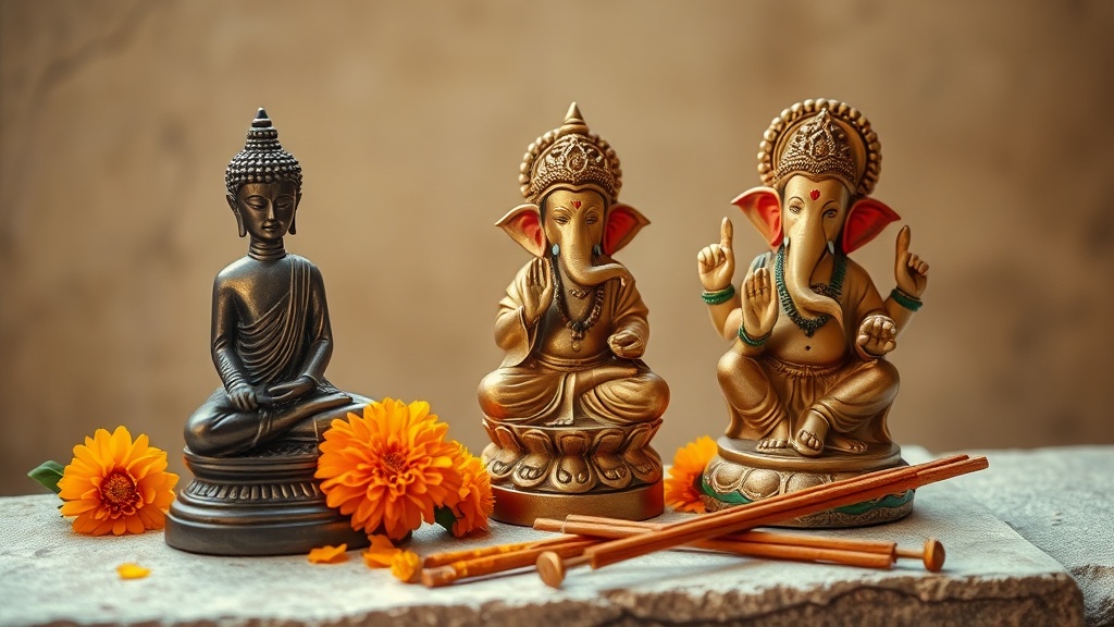 Statue de Bouddha méditant et figurine de Ganesh côte à côte, illustrant les différences entre bouddhisme et hindouisme
