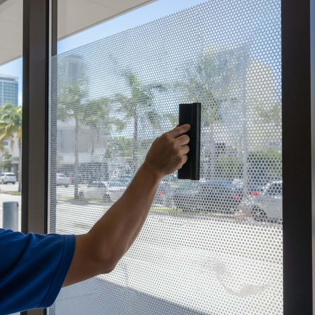Professional installation of perforated window film on Miami storefront glass