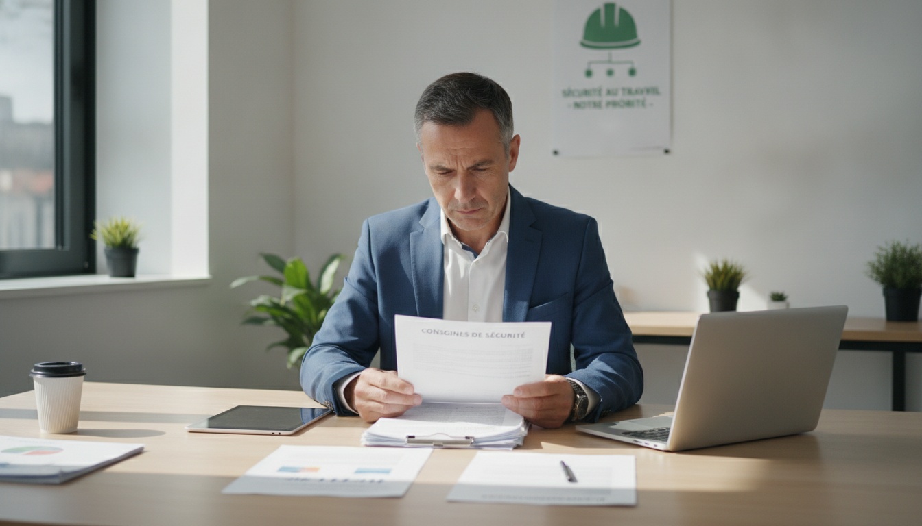 Chef d'entreprise consultant le Document Unique d'Évaluation des Risques Professionnels dans son bureau