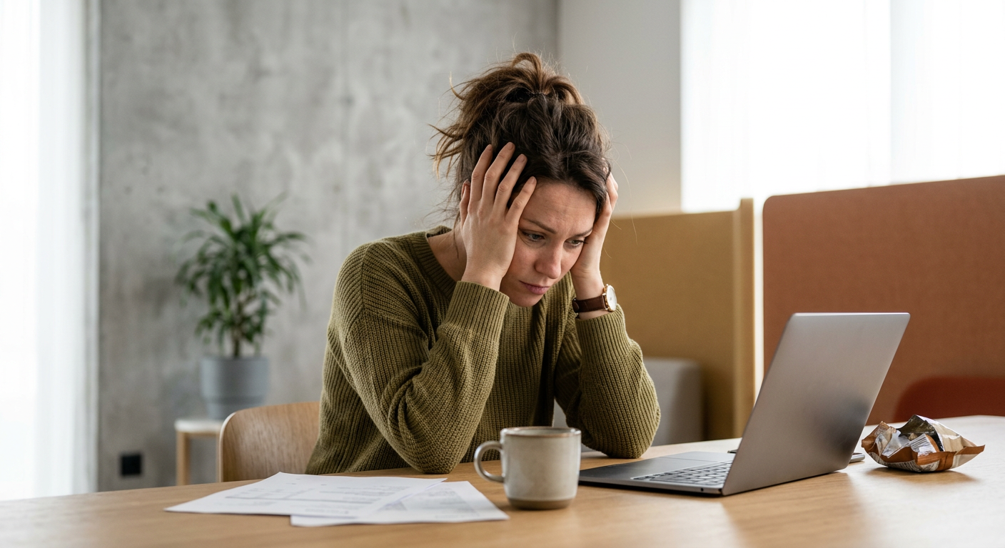Woman with poor posture at desk, spine misalignment