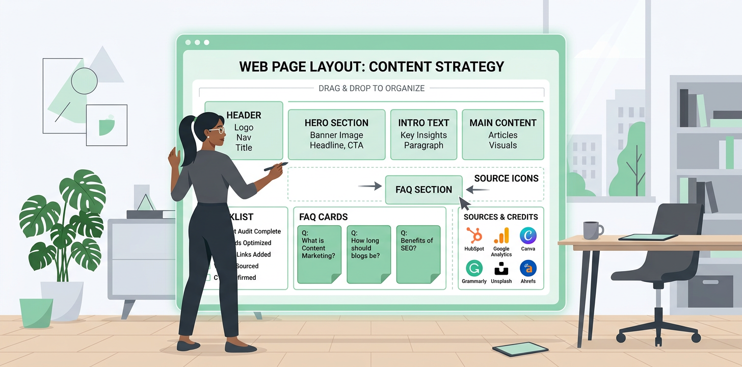 flat vector-style illustration of a content marketer organizing a webpage into labeled blocks, with a checklist, FAQ cards...