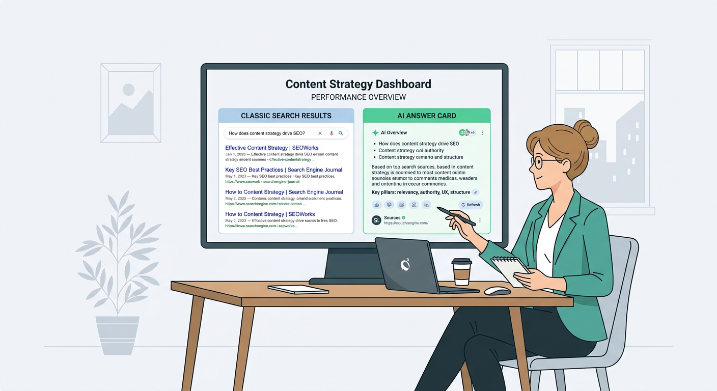 modern flat vector illustration of a content strategist reviewing a website dashboard with two side-by-side panels, one sh...