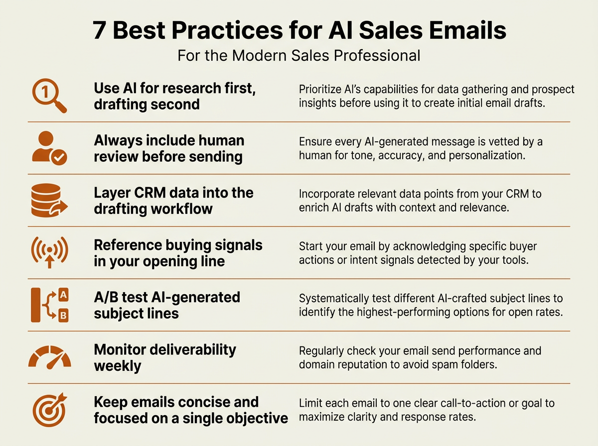 Best practices infographic for AI sales emails covering research, personalization, review, and deliverability