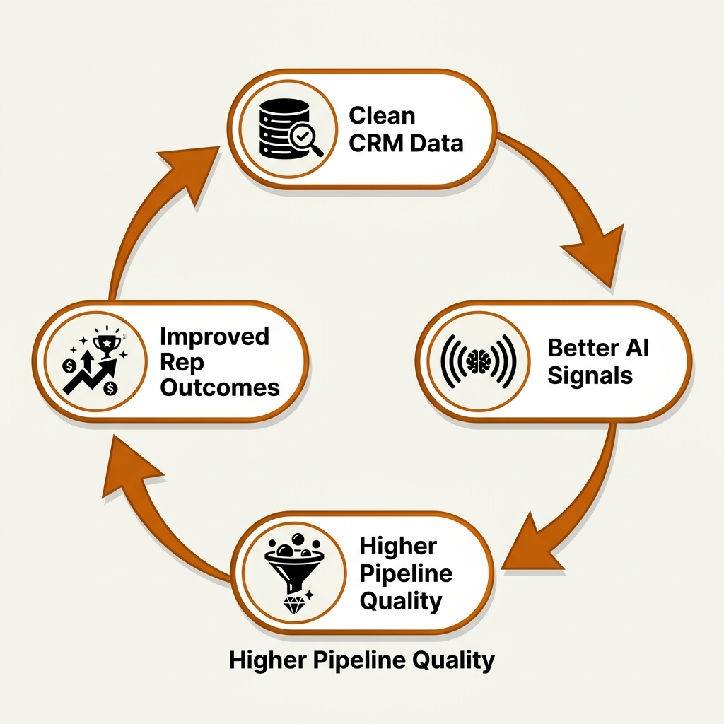 Circular flywheel diagram showing CRM hygiene driving AI sales productivity loop