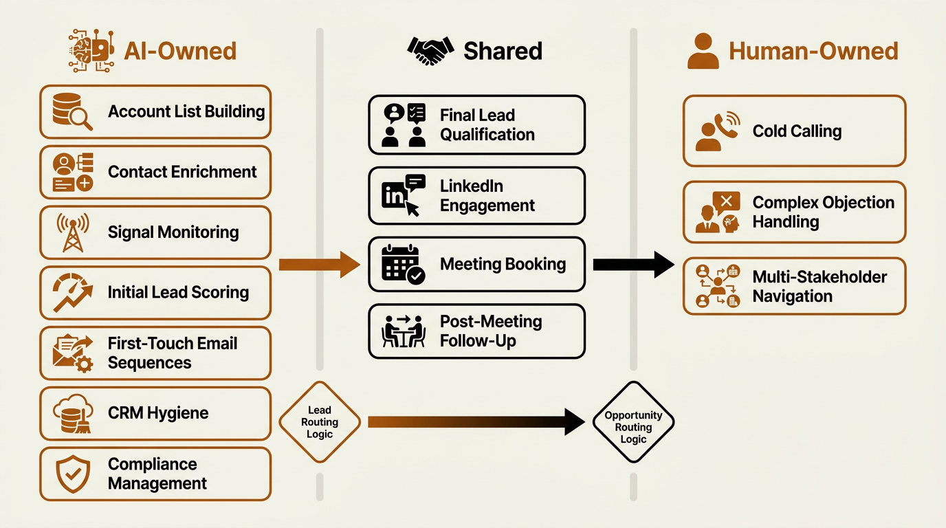 Hybrid AI and human SDR workflow flowchart for B2B sales development