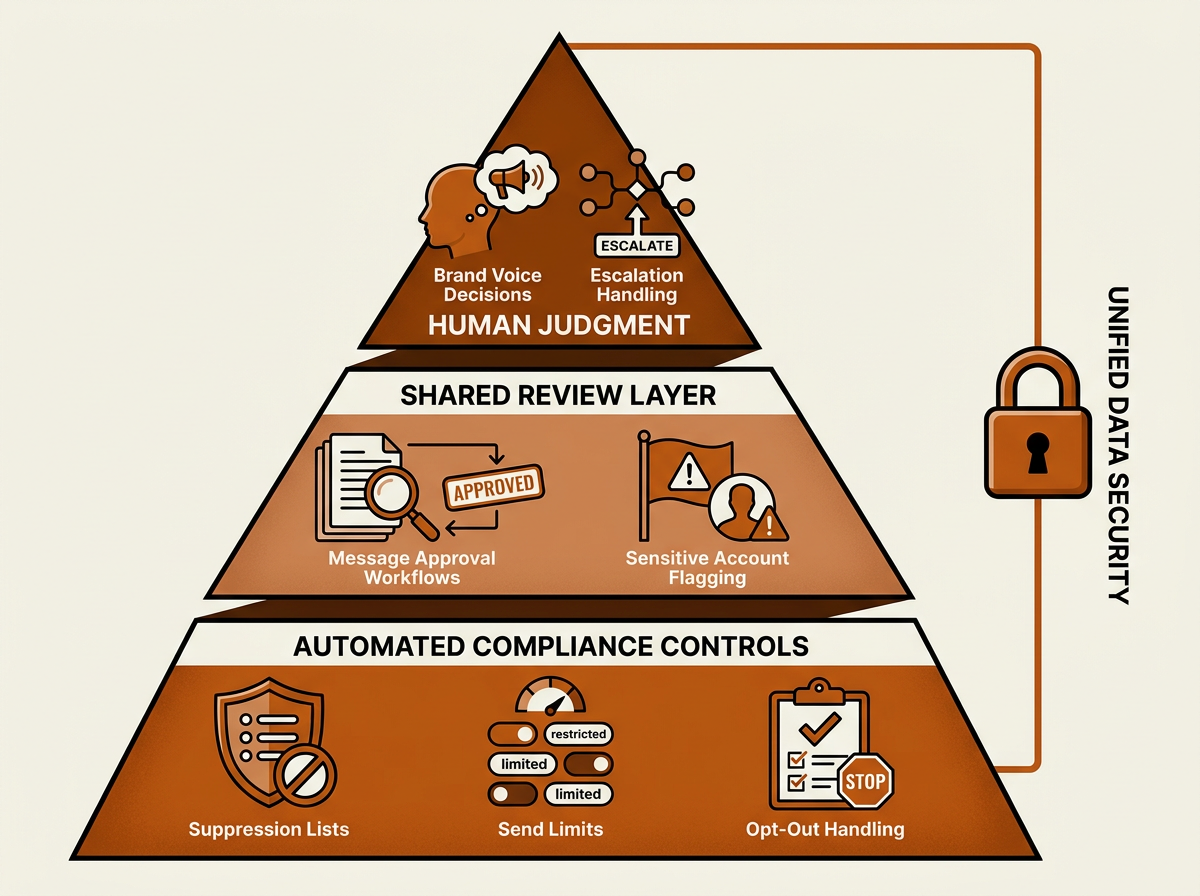 Three-tier AI SDR governance framework diagram with compliance and human oversight layers