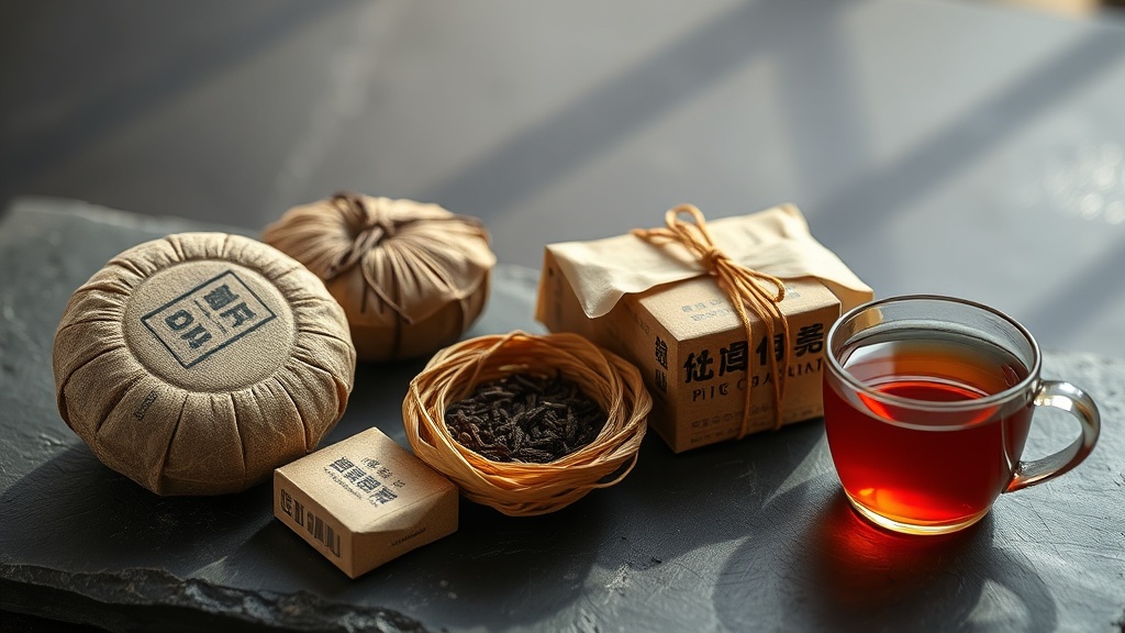 Collection de formats de pu-erh compressé : galette bing cha, nid tuo cha et brique zhuan cha