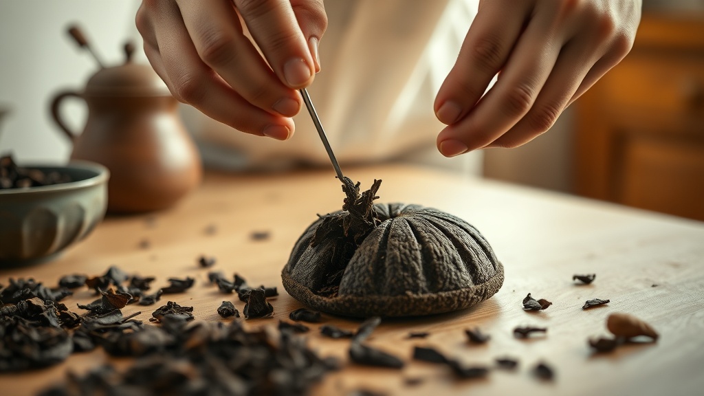 Mains séparant délicatement les feuilles d'une galette de pu-erh compressée avec un outil