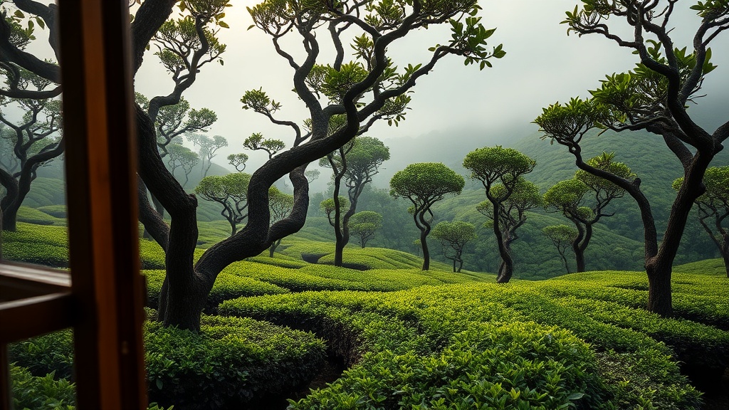 Vieux théiers sauvages du Yunnan dans le brouillard matinal, terroir du pu-erh