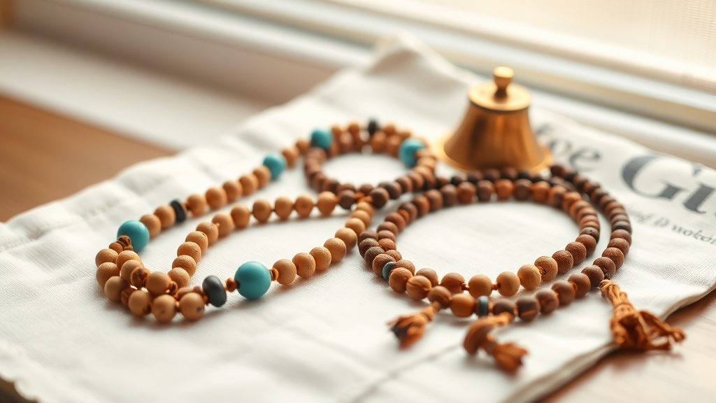 Flat lay of three mala strands in turquoise, sandalwood, and rudraksha seeds on white linen