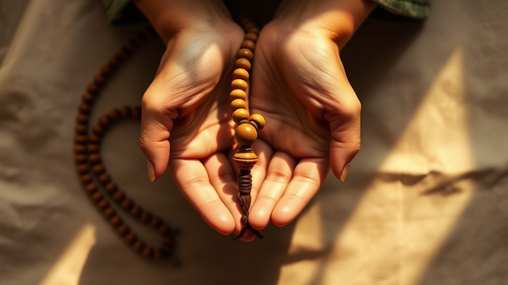 Hands holding a 108-bead sandalwood mala with guru bead during seated meditation
