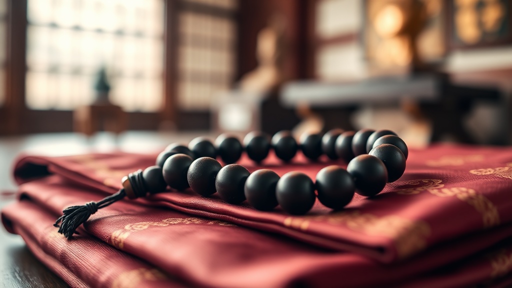 Japanese juzu prayer beads in dark lacquered wood resting on a burgundy brocade cloth