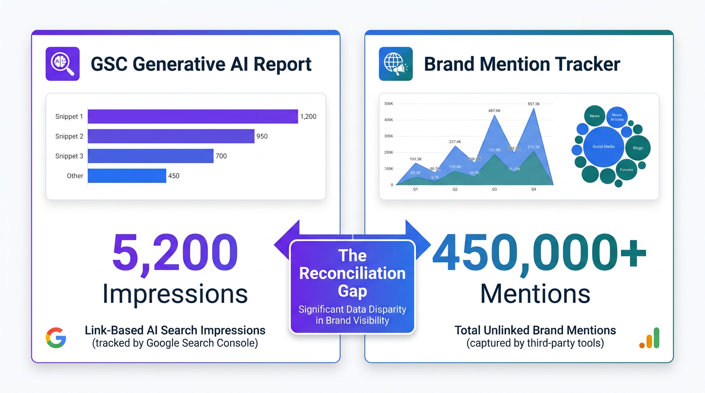 Infographic comparing GSC AI search impressions versus brand mention counts showing reconciliation gap