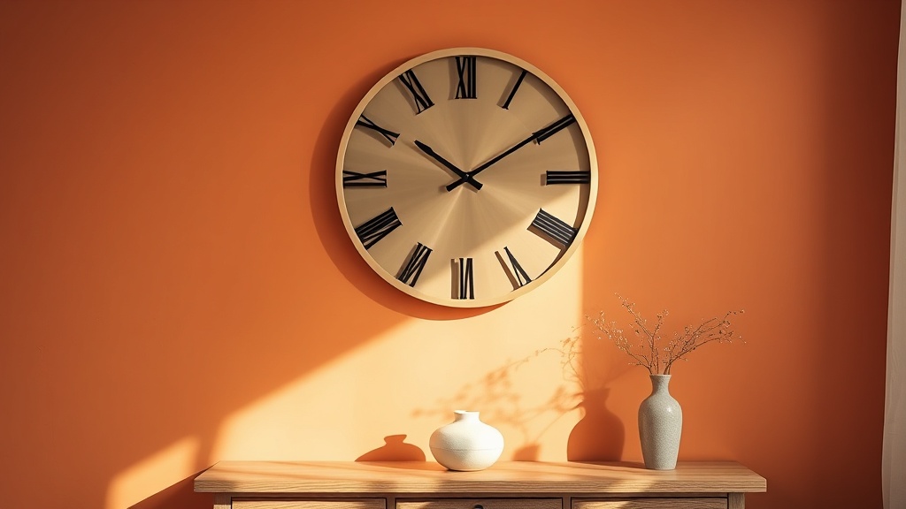 Large brushed gold geometric wall clock above oak console table on warm terracotta wall