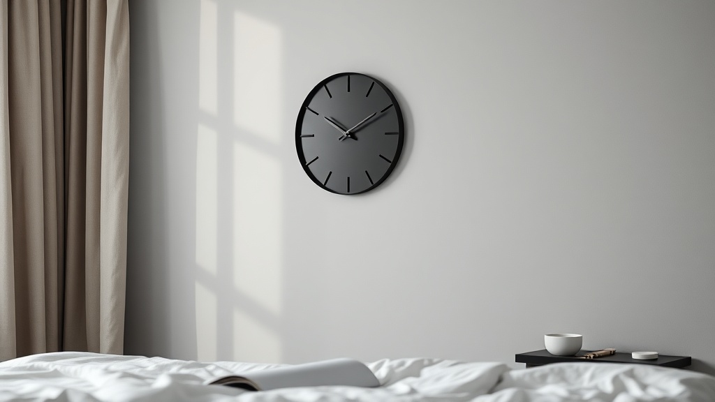 Minimal matte black geometric wall clock in a calm Scandinavian-style bedroom with morning light