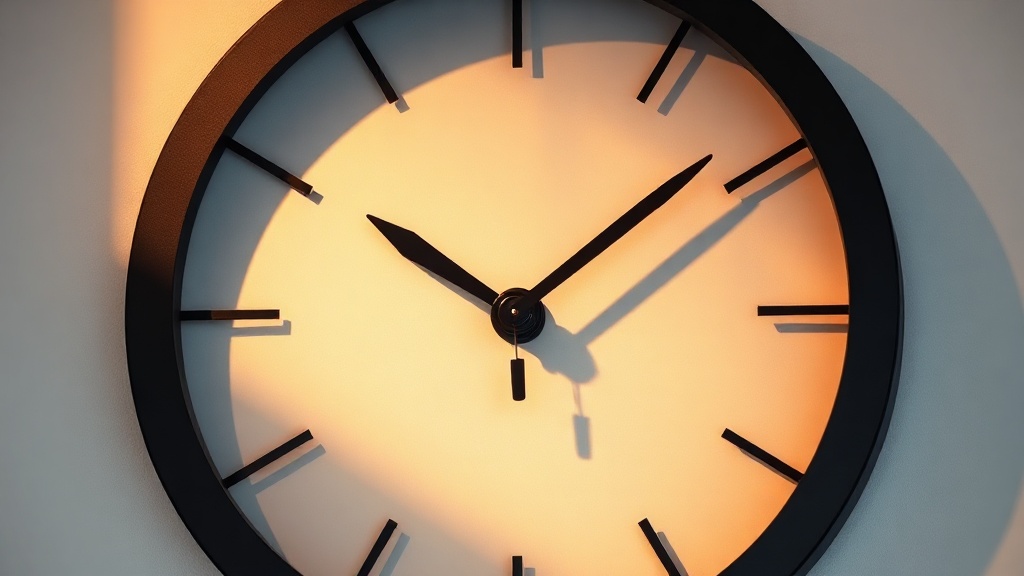 Close-up of geometric metal wall clock rings casting sharp shadows on a white wall