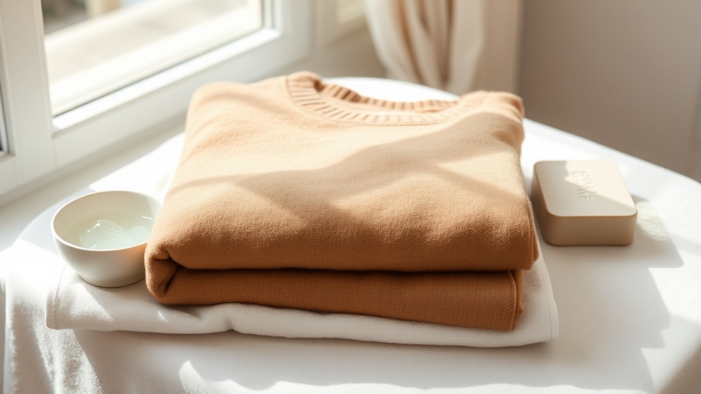Folded camel cashmere sweater beside a bowl of cold water and gentle soap for hand-washing care