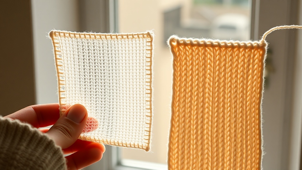 Two knit fabric swatches comparing single-ply and two-ply cashmere construction in warm window light