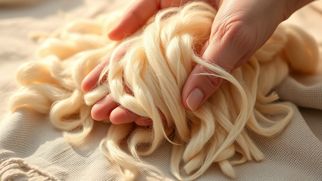 Close-up of raw cashmere fiber strands sorted by grade on natural linen cloth