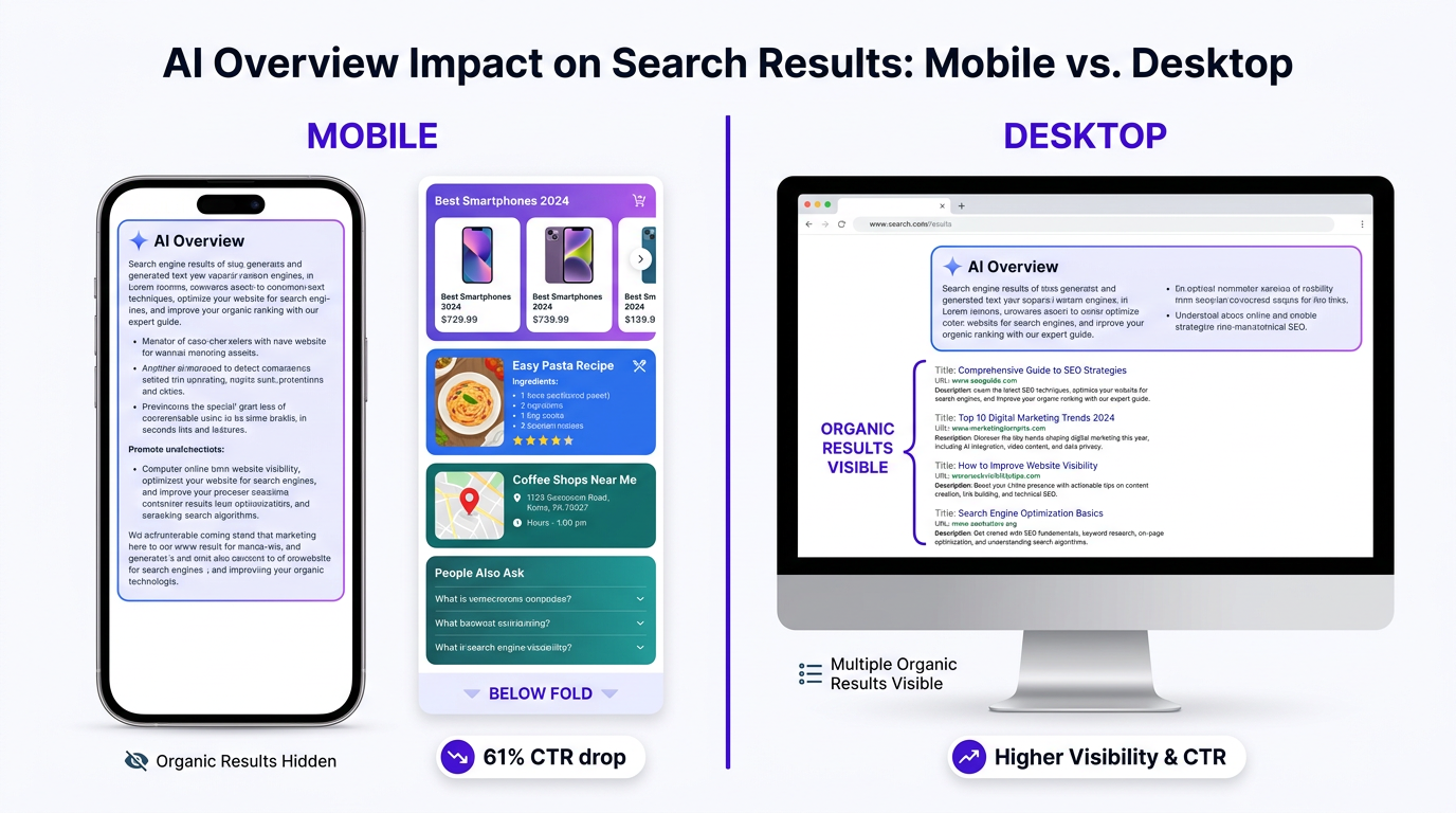 Infographic comparing mobile and desktop SERP layouts showing AI Overview dominance on mobile versus visible organic results on desktop