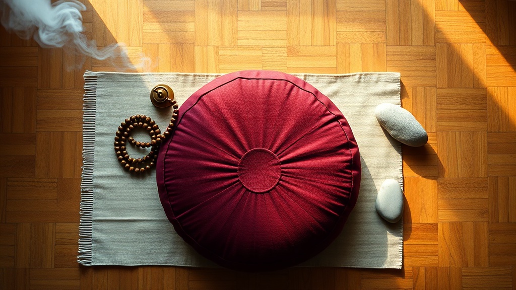 Coussin de méditation zafu bordeaux avec mala en bois et encensoir en laiton posés sur un tapis en lin