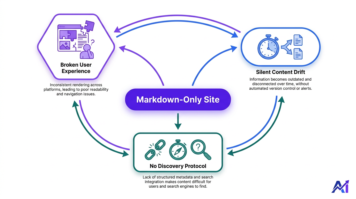 Mindmap diagram showing three compounding markdown-only site problems identified by Google
