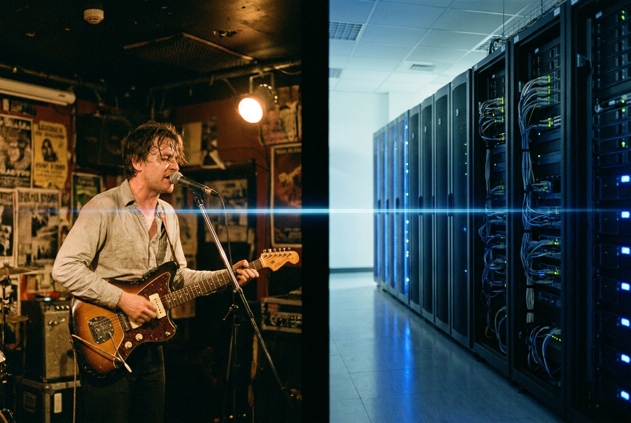 A split-screen image showing two contrasting scenes. On the left, an indie musician performing passionately on a small club stage under warm spotlight. On the right, a sleek server room with rows of blinking AI servers processing data. A thin glowing line connects the two scenes, symbolizing the invisible pipeline between creative work and AI training data.