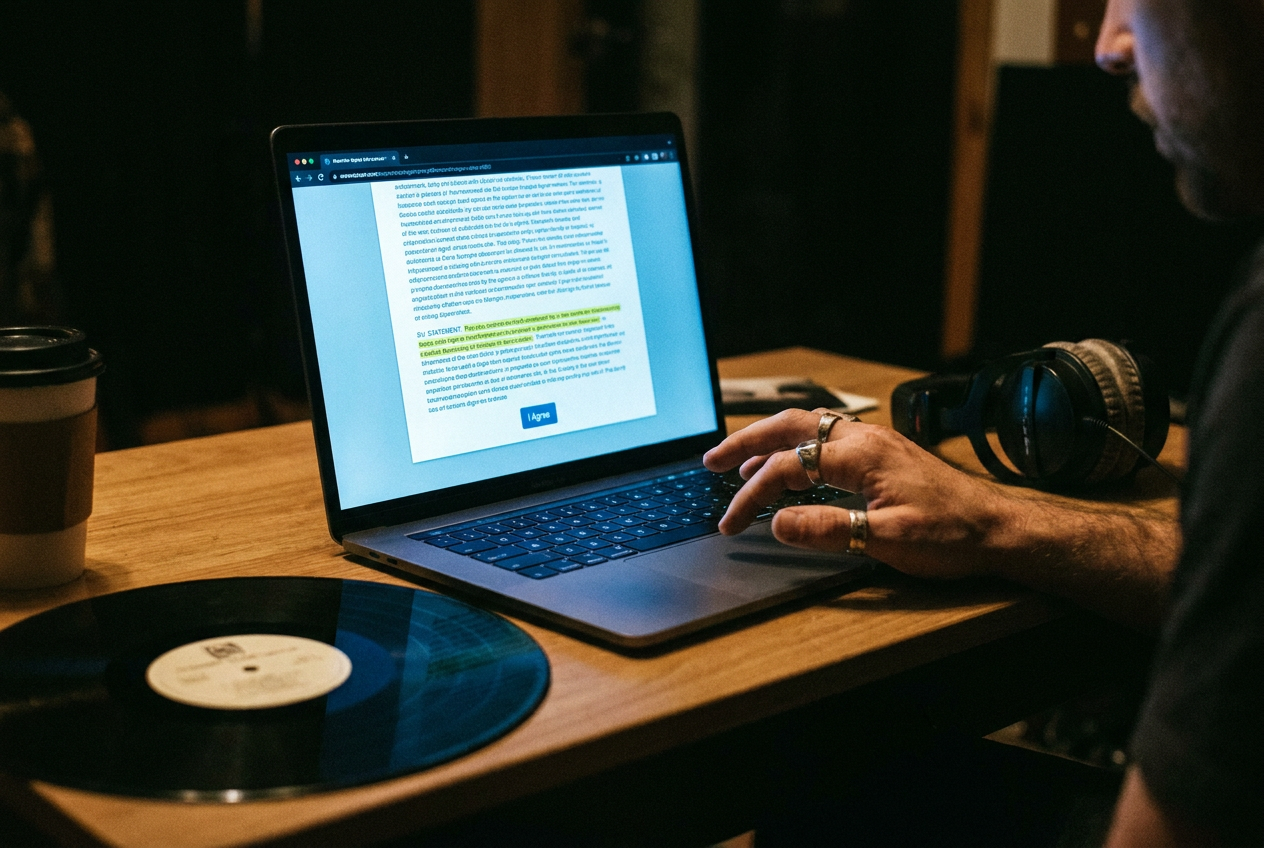 A close-up of a glowing terms of service agreement on a computer screen, with tiny legal text highlighted, a musician's hand hovering over the "I Agree" button. The screen casts a cold blue glow across the dark room. A vinyl record and headphones sit nearby on the desk.